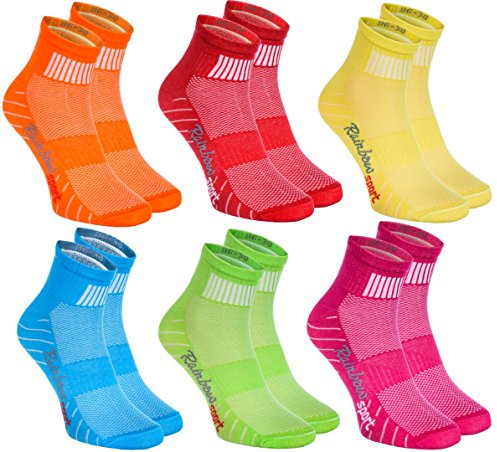 Rainbow Socks - Damen Herren Bunte Baumwolle Sport Socken - 6 Paar - Orange Rot Gelb Grün Meer Grün - Größen 36-38