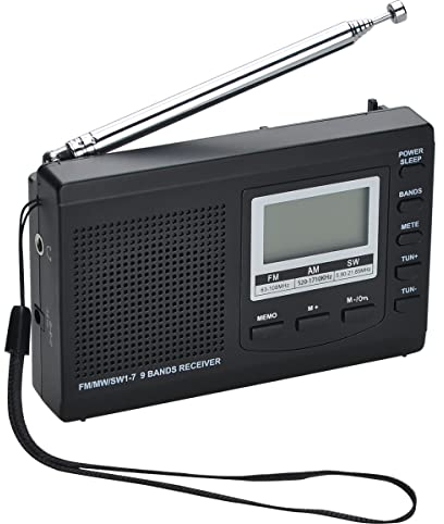 COVVY AM/FM / SW1-7 Tragbarer 9-Band-Radioempfänger mit Lautsprechern und Kopfhörern, ausgezeichneter Empfangszeitanzeige, Alarm, Schlaftimer, Batteriebetrieb (1032-BK)