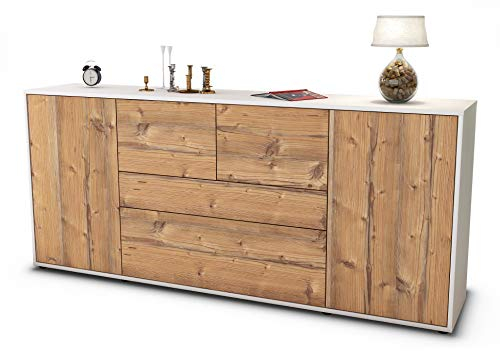 Stil.Zeit Sideboard Elisa, Korpus Weiss matt, Front Holz-Design Pinie (180x79x35cm) Push-to-Open Technik & Leichtlaufschienen