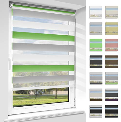 OUBO Doppelrollo Klemmfix, Rollos für Fenster ohne Bohren & mit Bohren (Grün-grau-weiß, 40cm x 120cm), Duo Rollo Klemmrollo Fensterrollo Easyfix, lichtdurchlässig und verdunkelnd.