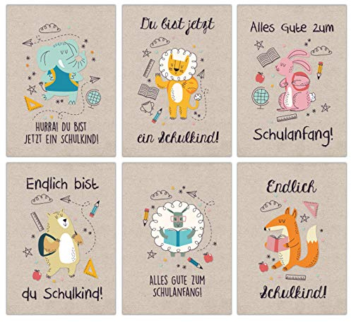 Papierdrachen 12 Glückwunschkarten zur Einschulung - Motiv Packpapier Tiere - Geschenk und Grüße für Schulanfänger - Buntes Postkarten Set für Kinder zum Schulanfang - DIN A6
