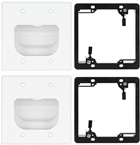 Wi4You Recessed Cable Wall Plate 2 Gang Pass Through Cable Hider with Low Voltage Mounting Brackets for HDMI, Coax, Data, Ethernet Cables and Wires (White, 2 Pack)