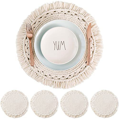 SnugLife Makramee Tischsets 4er Set – handgefertigte Baumwollgewebte Boho-Tischsets – moderne Bauernhaus-Fransen-Tischsets für Esstisch, Küche, rustikales natürliches Off-White, 40.6 cm (4)