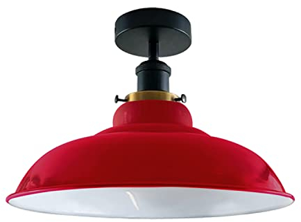 LEDSone Industrial Vintage Ceiling Light Semi Flush Mount Metal Lamp with Red Curvy Shade E27 Downlight Fixture for Living Room, Bedroom, Kitchen, Indoor Home Decor