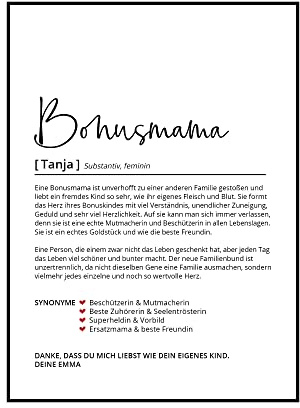 Bonusmama Definition, Personalisiertes Poster, Geschenk Stiefmutter Ersatz-Mama Bonus-Mama Geburtstag Weihnachten, Danke sagen, Wörterbuch