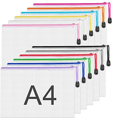 A4 Plastic Wallets 12 Pcs Zip Lock Bags Document Wallet File Folders Plastic Pockets with Zipper for School Office Homework Travel,Puzzles Cosmetics Cross Stitch and Games Storage