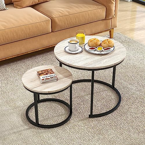 HOJINLINERO Kleiner Couchtisch für Wohnzimmer, weißer, runder Couchtisch, 2er-Set, Metallrahmen mit Holzsofatisch, stabile und einfache Montage, stapelbarer Beistelltisch für Schlafzimmer,Oak