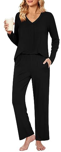 Bestbee Women's Pyjama Sets Plus Size, 2 Piece V Neck Nightwear Lounge Outfits Long Sleeve Long Pants With Pockets Ladies Pjs Set, XL, Black