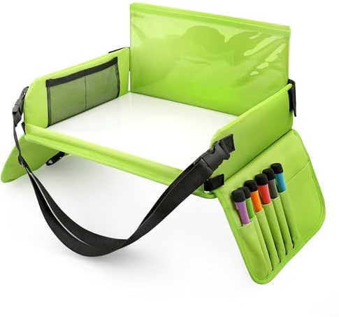 INFIVITA Plateau de Voyage Enfant Voiture - Tablette avec 6 Marqueurs et 1 Sac de Rangement (Vert)