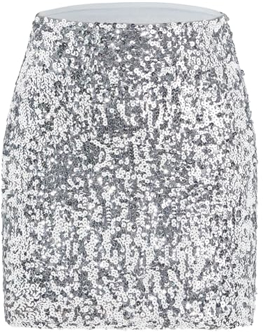 Durio Jupe à paillettes pour femme - Jupe courte sexy midi - Avec taille élastique - Tenue de fête, argenté, M
