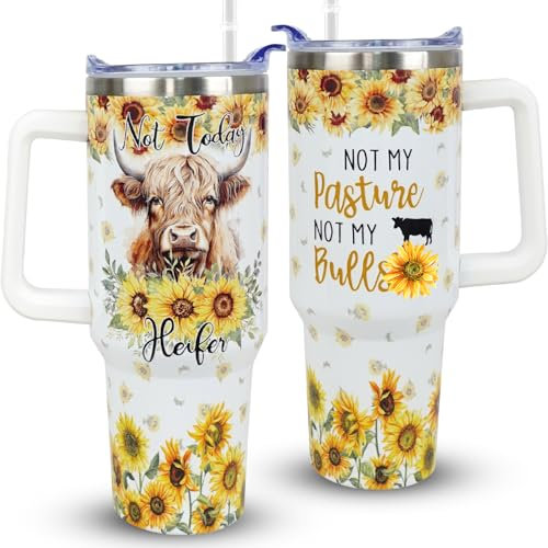 Heqianco 1,2 l Edelstahl Reisebecher mit Deckel und Strohhalm, 'Just A Girl Who Love Highland Cows', Kuhbecher, Vakuumisoliert, 1,2 l