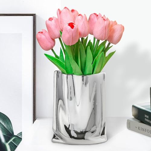 Esdallina 10 Stück künstliche PU Tulpe mit Vase Echte Berührung Home und Wohnzimmer Dekoration (Light Rosa)