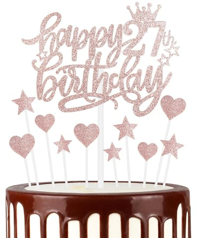 Happy 27th Birthday Cake Toppers, Rose Gold Cake Cupcake Toppers for Cake, Glitter Heart Stars Cake Toppers, Birthday Gift, Personalised Cake Toppers for Women Girls 27th Birthday Cake Decorations