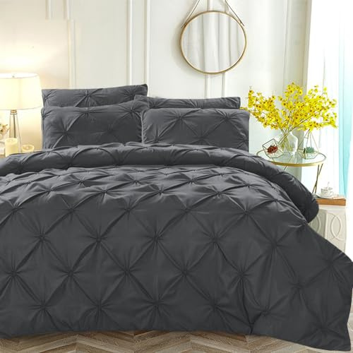 Luofanfei Plissee Bettwäsche 155x220 Grau Dunkelgrau Pinch Pintuck Plisseefalten Bettwäsche Set Quetschfalten Geometrisches Microfaser Modern Bettbezug 155 x 220 und 2 Kissenbezüge 80x80cm