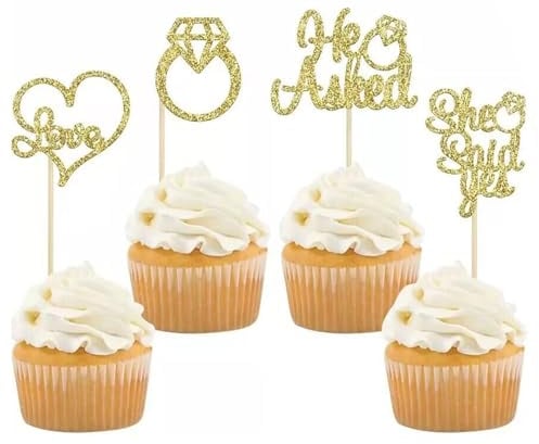 24 Stück He Asked She Said Yes Tortendeko, Diamantring Herz Kuchendeckel, Glitzer Tortendeko, Gold-Diamant-Ring-Cupcake-Topper für Hochzeit Verlobung Brautparty Dekorationen