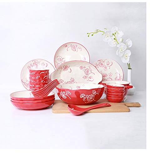 Assiettes Plates Ensemble d'assiettes et de plats de ménage de 28 pièces, ensemble de vaisselle en céramique de haute qualité, ensembles d'assiettes en porcelaine rouge mate, service for 6 personnes A