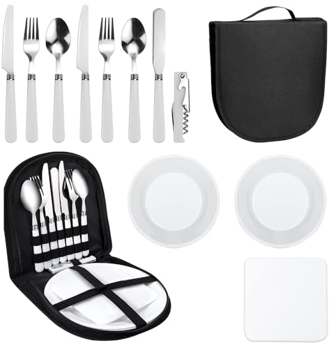 Aoreun Camping Geschirr Set 2 Personen, 11 Stück Tragbar Camping Besteck Set mit Gabeln Löffel Messer Flaschenöffner, Edelstahl Outdoor Geschirr Set für Outdoor, Camping, Picknick, Grillen - Schwarz