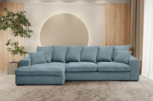 Kaiser Möbel - Ecksofa mit Schlaffunktion und Bettkasten, Wohnlandschaft L-Form, Schlafsofa, Klappsofa, Bequemes Couch mit Ottomane für Wohnzimmer, Relaxsofa, Zoom Stoff, Gabon, Hellblau, Links
