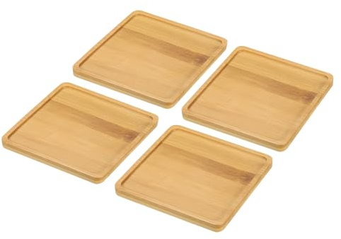 PATIKIL Plato de Madera de Bambú, 4 Unidades Bandeja de Drenaje Cuadrada de Madera de 5x5 Pulgadas para Plantas Bonsái y Macetas Suculentas en Casa o Balcón