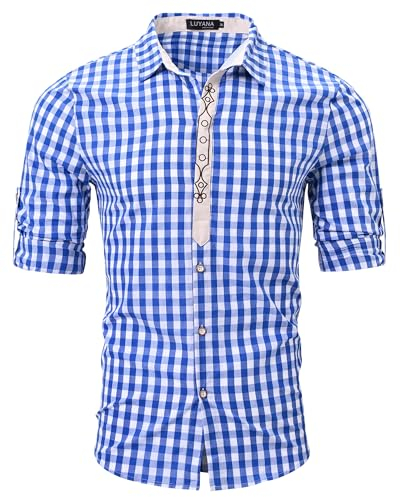 LUYANA Herren Plaid Oktoberfest Hemd Bayerischer Stil Business Hemden Hellblau XL