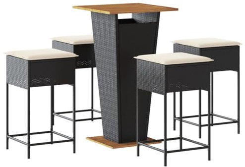 vidaXL Gartenbar Set 5-TLG., Gartenmöbel mit Kissen, Bartisch Stehtisch Barhocker Barstuhl, Theke Bar Tresen Gartentheke Sitzgruppe, Schwarz Poly Rattan