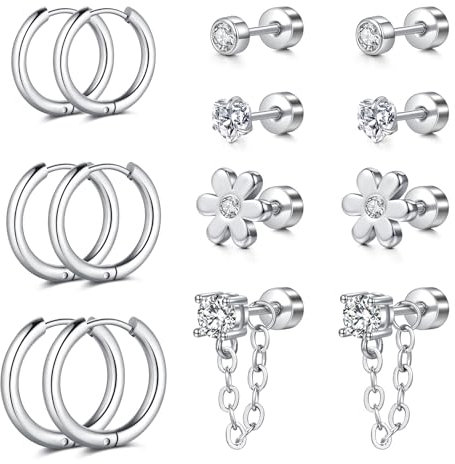 AVYRING Orecchini in Acciaio Chirurgico Ipoallergenico e Argento/Oro, Cerchio, Pendenti, Cuore, Zirconi Cubici e Perle, per Donna, Piercings Helix e Trago, Otostick