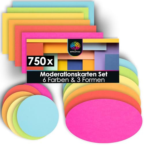 OfficeTree 750x Moderationskarten Set - 6 Farben - Rund, Oval & Rechteckig - Metaplankarten - Präsentationskarten - Moderationsset als Seminar Zubehör für Moderationskoffer Präsentation und Vortrag