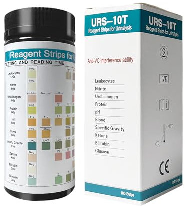 10 EN 1 Tiras Reactivas 100 tiras, UTI Análisis Kit Tiras con Leucocitos Nitrito Urobilinógeno Proteína pH Sangre Gravedad específica Cetona Billirrubina Glucosa