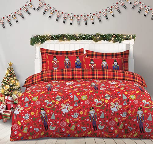 Florelle Nutcracker Christmas Red Festive Duvet Cover Quilt Bedding Set Tartan Check Fully Reversible 2 Designs in 1 Button Enlosure Cotton Rich with Pillowcase(s) (Single)