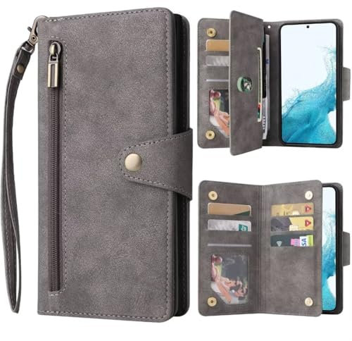 ATISIJIE Hülle klappbar für Google Pixel 9 Handyhülle,Leder Hülle mit Kartenfächer Reißverschluss Geldbörse Trageband Schutzhülle,Magnetic Flip Wallet klapphülle Handytasche-Grau
