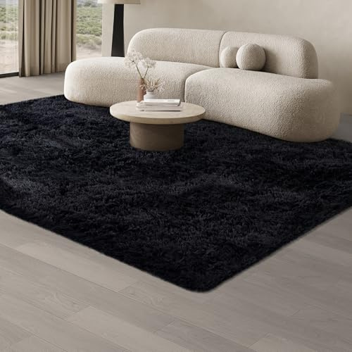 JOJOSEE Hochflor Teppich Wohnzimmer, 160 x 230 cm, Schwarz | Anti-Rutsch Wohnzimmerteppich, Waschbarer Flauschiger Teppich für Schlafzimmer & Kinderzimmer