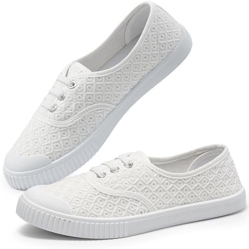 Harvest Land Womens Canvas Shoes Low Top Flat Gym Sports Pumps Trainers Lace Up Ladies Girls Fashion Pumps Flower White 6.5