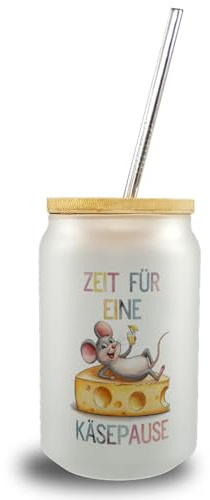 speecheese Fröhliche Maus auf Käse Trinkglas mit Bambusdeckel Käsepause Lustiges Maus-Glas für Heimbars