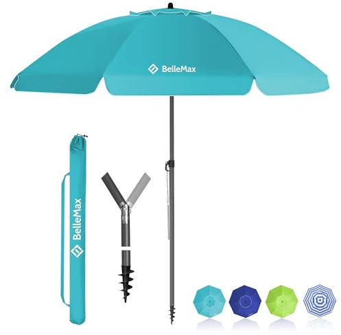 BelleMax Sonnenschirm Strand Windfest Stabil mit Bodenhülse & Schutzhülle 30° knickbar Sonnenschirm klein Rund Strandschirm Gartenschirm Marktschirm Sonnenschutz UV50+ Türkis 180cm