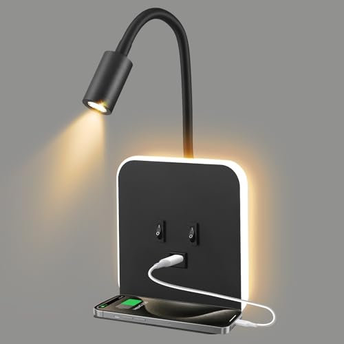 QCXWCJWD LED Wall Lights with USB Charging Port, Bedside Reading Light with Switch, 12W Indoor Black Wall Lamp with Phone Tray, Adjustable Gooseneck Lamp Spot Light for Living Room Hotel Room