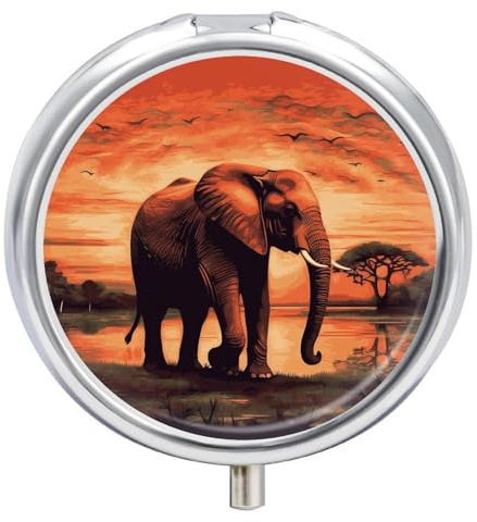 Reise-Pillendose, Organizer, kleine Pillendosen, Sonnenuntergang, Elefanten-Druck, rund, niedlich, Metall, 3 Fächer, tragbare Tablettenbox für Geldbörse und Tasche