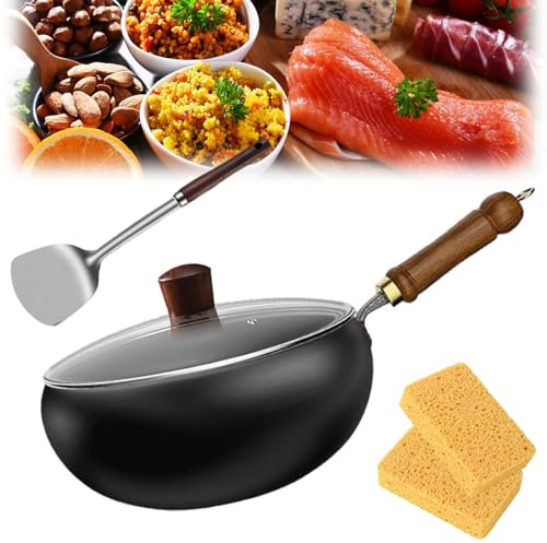 Uornwz Poêle en fer japonais avec couvercle en bois, 24/28 cm, non revêtue, récipient en fer de haute pureté, forgé à la main, anti-adhésif Wok pour cuisinières à gaz