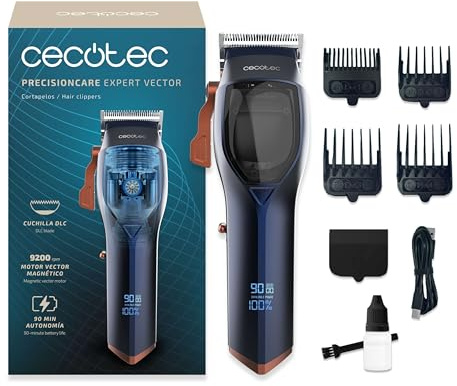 Cecotec PrecisionCare Expert Vector Haarschneider mit magnetischem Motor, 9200 U/min, 4 Kämme, DLC-Klinge aus Edelstahl und Keramik, Display, Betriebsdauer 90 Minuten, Ladegerät Typ C | DLC-beschichtete Edelstahl- und Keramikklinge, 90 Min. Laufzeit, Display sowie 4 Kämme mit 3–13 mm für präzise Schnitte