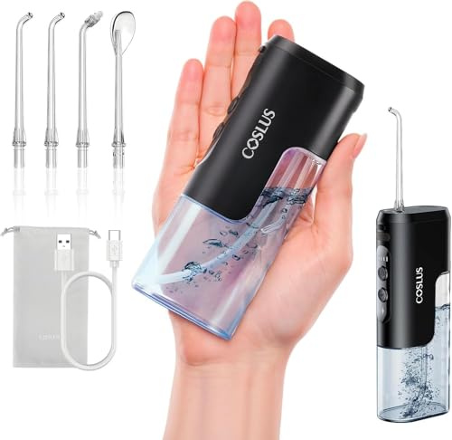 COSLUS T40 Mini Munddusche für Reisen, Tragbares, Kompaktes Design | Integrierte Aufbewahrung Für Die Düsen, 4 Modi für Zahnspangen, Kieferorthopädie, Empfindliche Zähne, Für Unterwegs, Schwarz