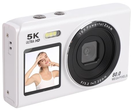 Goshyda 5k Dual Screen Digitalkamera Zum Vlogging mit 18x Zoom, 80 -MP -Fotografie mit 32 GB -Karte, Unterstützung Autofokus & WLAN für Teenager, Anfänger, Anfänger (WHITE)