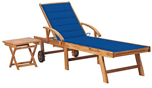 Teenpull Sonnenliege mit Tisch und Auflage, Massivholz Teakholz, verstellbar, Gartenliege Outdoor, 195x59,5 cm, Königsblau, für Terrasse und Pool, wetterfest