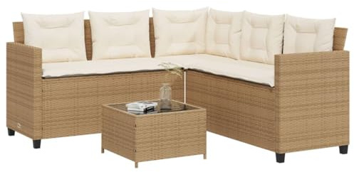 Hoopleep Gartensofa in L-Form, Beige Poly Rattan Lounge Set mit Tisch, Glasplatte, Kissen, UV-beständig, für Terrasse, Balkon und Garten, 175x175x75 cm