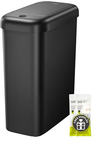 EKO Badezimmer Mülleimer mit Sensor, Schlanker Sensor Abfalleimer, Wasserdichter, Soft Close, Bewegungssensor-Kosmetikeimer für Bad, Büro und Küche, Schwarz, 10L, Hochwertiger Kunststoff