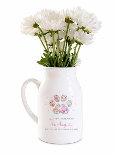 UNIQUEPGIFTS Personalised Pet Memorial Gift, Dog or Cat Loss Vase | In Loving Memory Remembrance Keepsake for Loss of a Pet; 12.5cm Ceramic Flower Jug Personalised with Name and Paw Prints