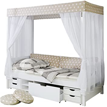 TiCAA Kinderbett Himmelbett mit Schubkasten 90x200 cm, für Jungen & Mädchen, inkl. Vorhangstoff, Montessori Bett weiß aus Kiefer Massivholz