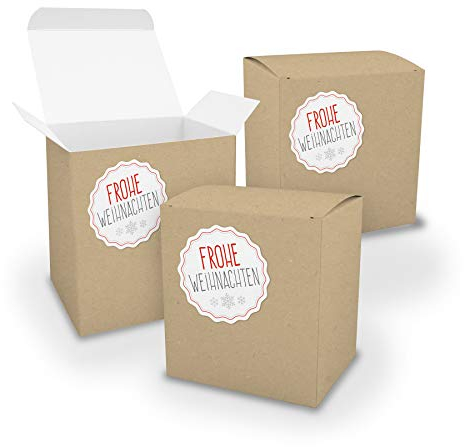 itenga 3x Geschenkboxen Schachteln aus Karton XL großer Würfel + Aufkleber Sticker (Würfel braun Frohe Weihnachten)