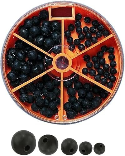 Set: aprox. 110 perlas de goma de alta calidad surtidas en lata dispensadora, perlas de tope para pescar, color negro