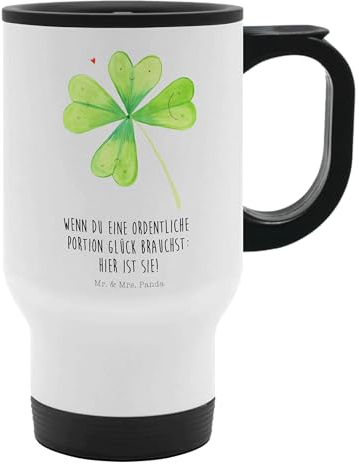 Mr. & Mrs. Panda Thermobecher Blume Kleeblatt - Geschenk, Jobwechsel, Warmhaltetasse, Sommer Deko, Thermobecher für 400 ml, Motivation, Tasse zum