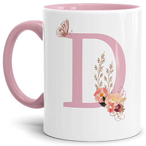Tassendruck Buchstaben-Tasse mit Blumen - Buchstabe D - Innen & Henkel Rosa - Mug/Cup/Becher/Edel/Geschenk-Idee/Beste Qualität - 25 Jahre Erfahrung