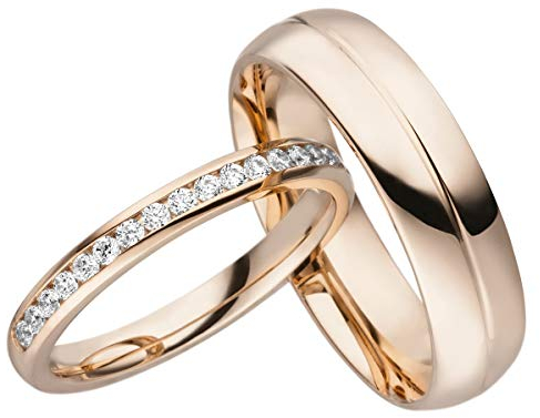 JC Trauringe Silber 925 Paarpreis Eheringe Rotgold Plattiert I Verlobungsringe Partnerringe mit Gravur in edler Schatulle I 2 Hochzeitsringe Herrenring 6,0 mm & Damenring mit Steinen 2,7 mm I LC105-P